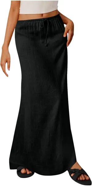 Maxi Skirts for Women Summer Design Cotton Linen Long Skirts Boho Casual Flowy Skirts Drawstring Waist A Line Skirts