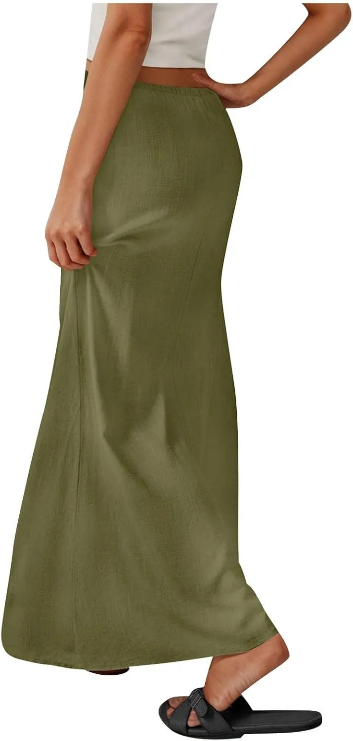 Maxi Skirts for Women Summer Design Cotton Linen Long Skirts Boho Casual Flowy Skirts Drawstring Waist A Line Skirts