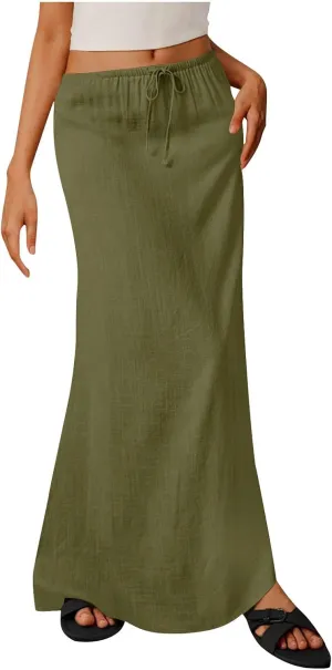 Maxi Skirts for Women Summer Design Cotton Linen Long Skirts Boho Casual Flowy Skirts Drawstring Waist A Line Skirts