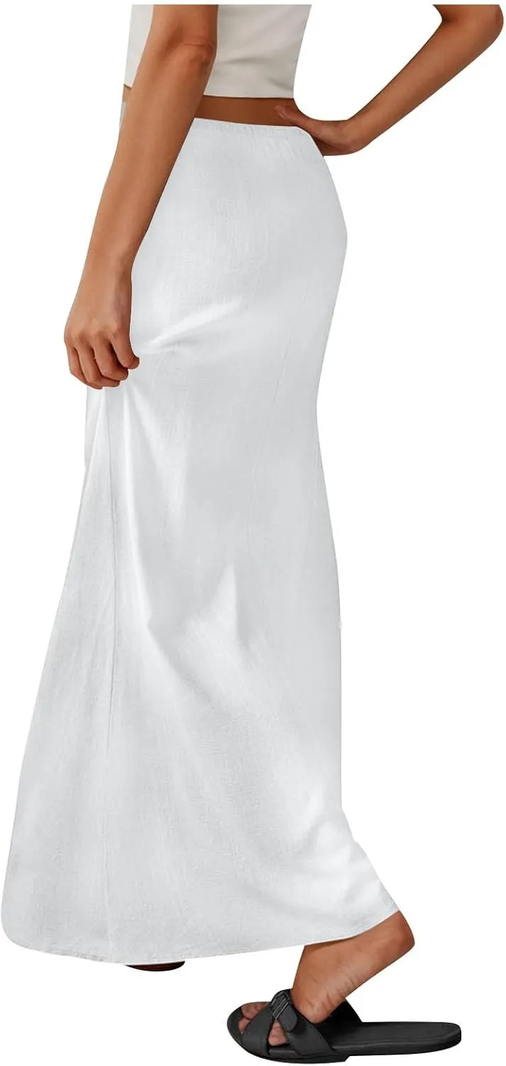 Maxi Skirts for Women Summer Design Cotton Linen Long Skirts Boho Casual Flowy Skirts Drawstring Waist A Line Skirts