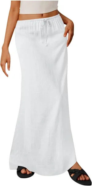 Maxi Skirts for Women Summer Design Cotton Linen Long Skirts Boho Casual Flowy Skirts Drawstring Waist A Line Skirts