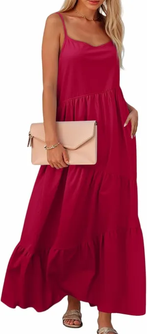 Maxi Sundresses for Women Summer Boho Beach Loose Spaghetti Strap Smocked Tiered A Line Dress Resort Long Flowy Dresses