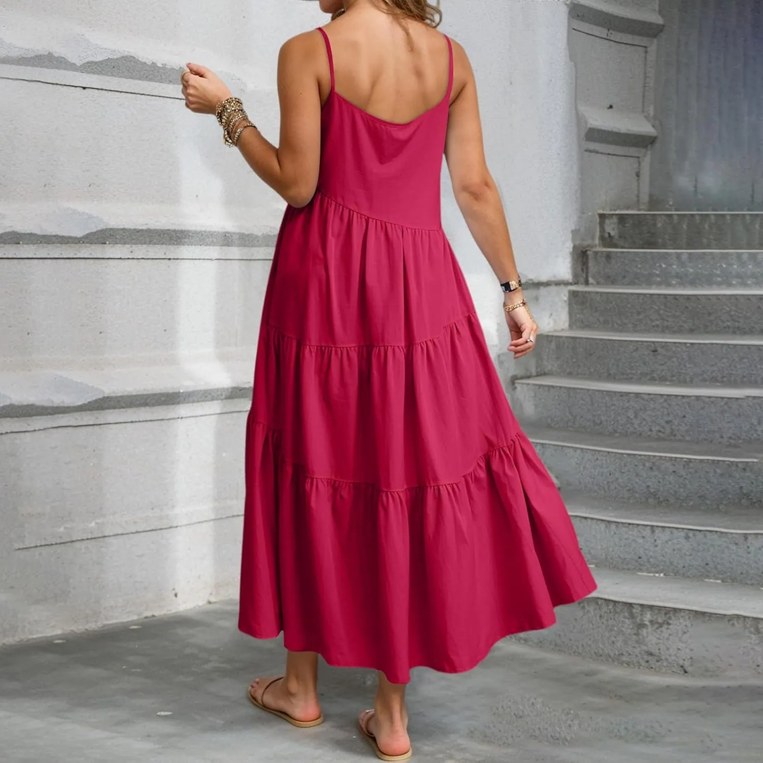 Maxi Sundresses for Women Summer Boho Beach Loose Spaghetti Strap Smocked Tiered A Line Dress Resort Long Flowy Dresses