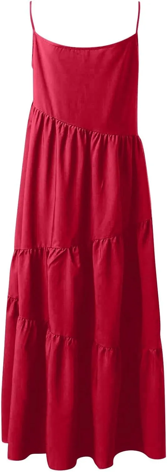 Maxi Sundresses for Women Summer Boho Beach Loose Spaghetti Strap Smocked Tiered A Line Dress Resort Long Flowy Dresses