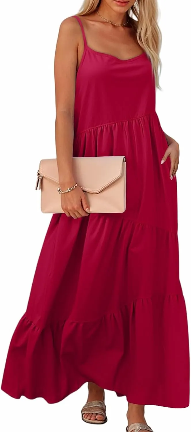 Maxi Sundresses for Women Summer Boho Beach Loose Spaghetti Strap Smocked Tiered A Line Dress Resort Long Flowy Dresses