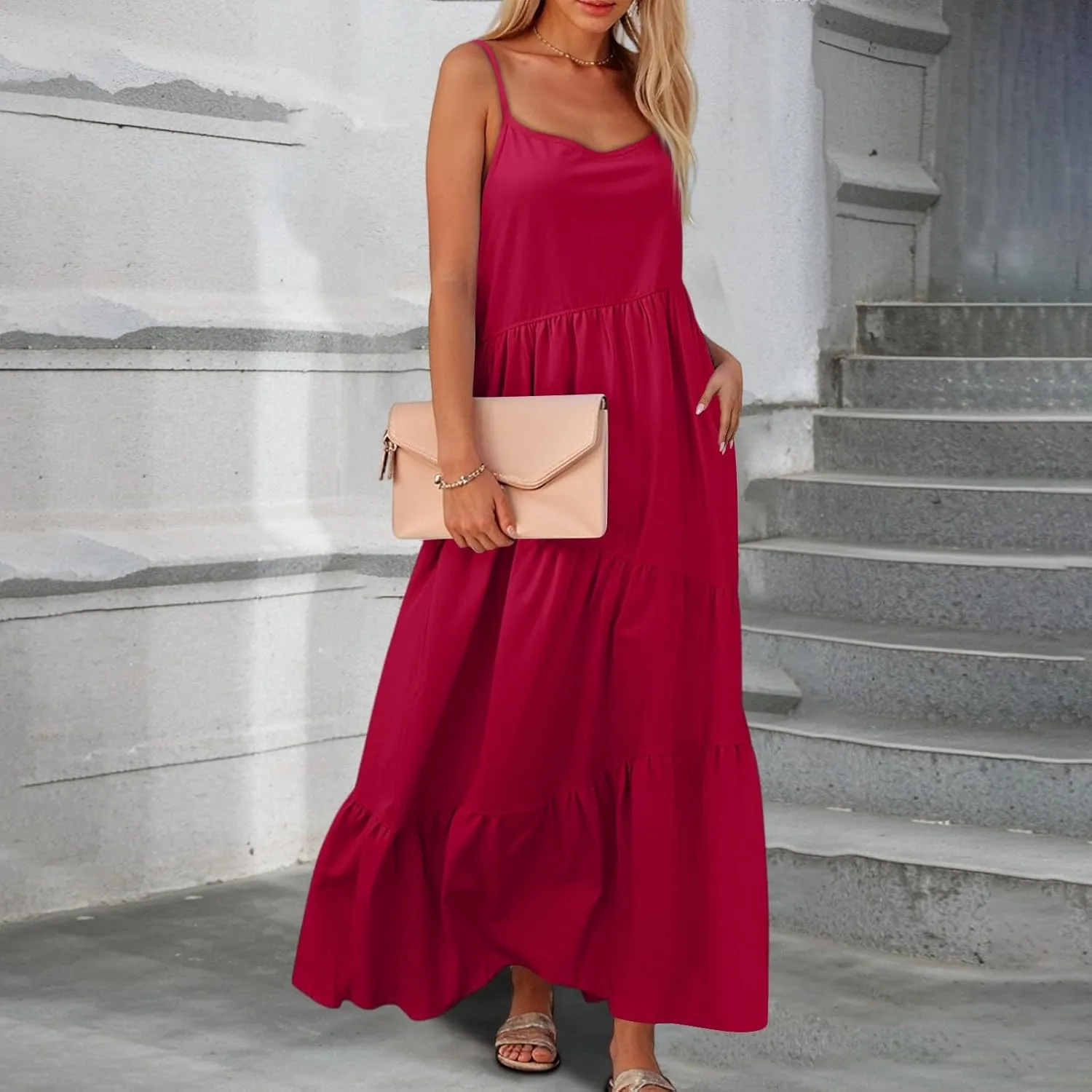 Maxi Sundresses for Women Summer Boho Beach Loose Spaghetti Strap Smocked Tiered A Line Dress Resort Long Flowy Dresses
