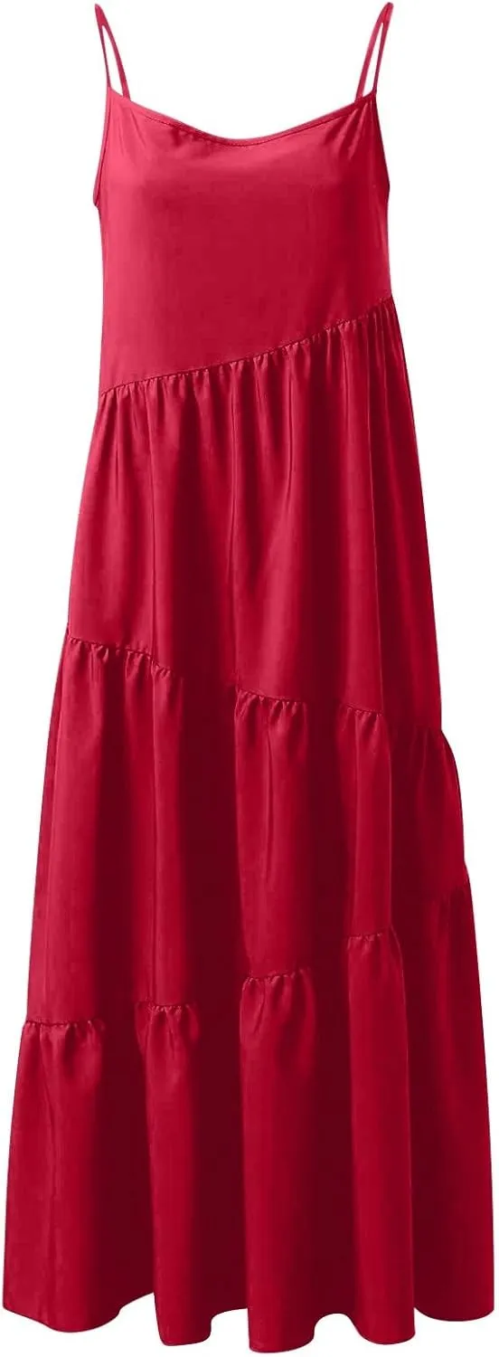 Maxi Sundresses for Women Summer Boho Beach Loose Spaghetti Strap Smocked Tiered A Line Dress Resort Long Flowy Dresses
