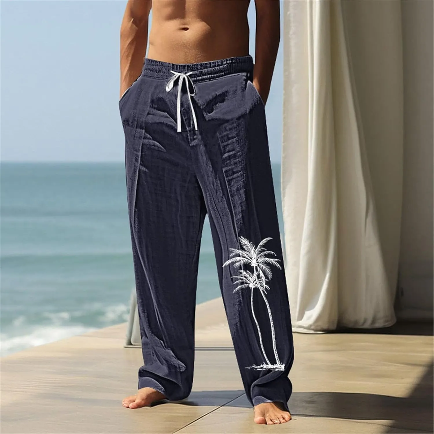 Men Casual Pants Summer 2025 Wide Leg Boho Printed Trousers Elastic Waisted Relaxed Fit Comfortable Pants