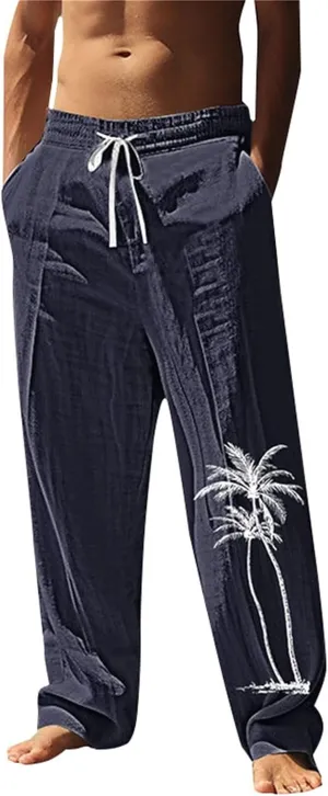 Men Casual Pants Summer 2025 Wide Leg Boho Printed Trousers Elastic Waisted Relaxed Fit Comfortable Pants