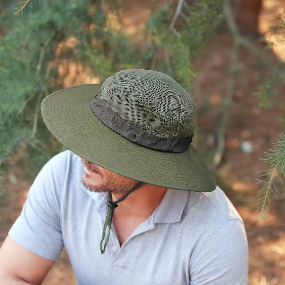 Men Safari Sun Hat Wide Brim Boonie Fishing Cap with Adjustable Drawstring