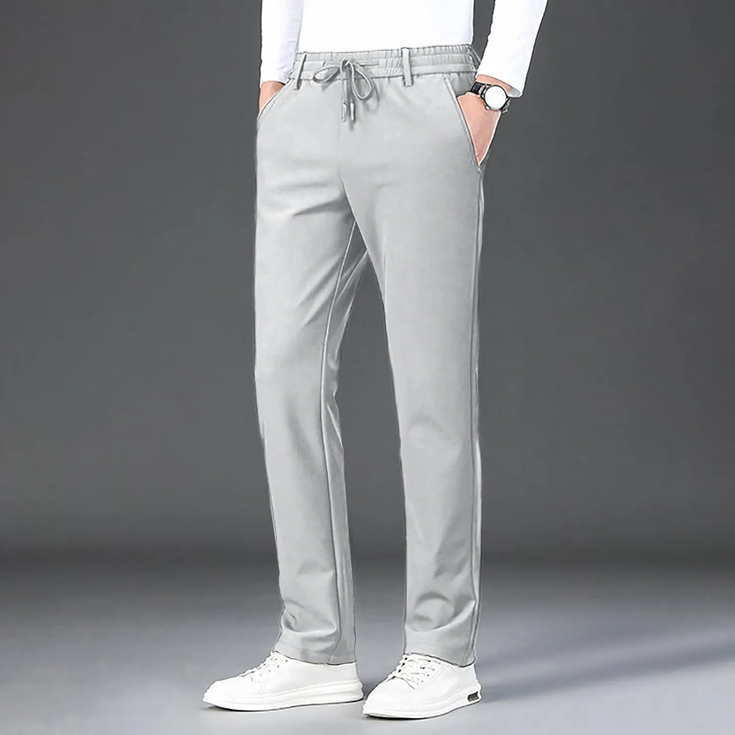 Mens Casual Business Dress Pants Elastic Drawstring Waist Straight Leg Pant Relaxed Fit Lightweight Outdoor Trousers