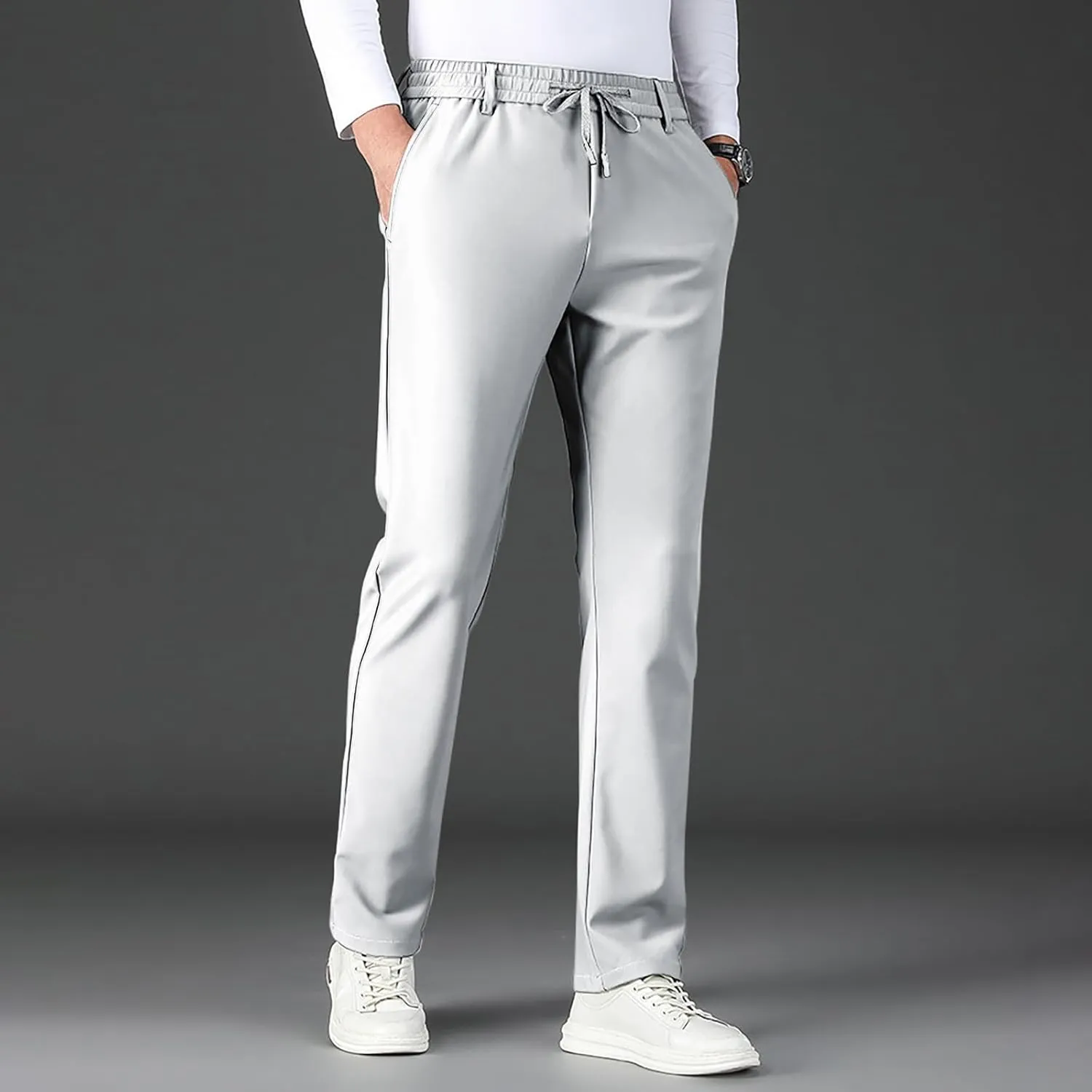 Mens Casual Business Dress Pants Elastic Drawstring Waist Straight Leg Pant Relaxed Fit Lightweight Outdoor Trousers