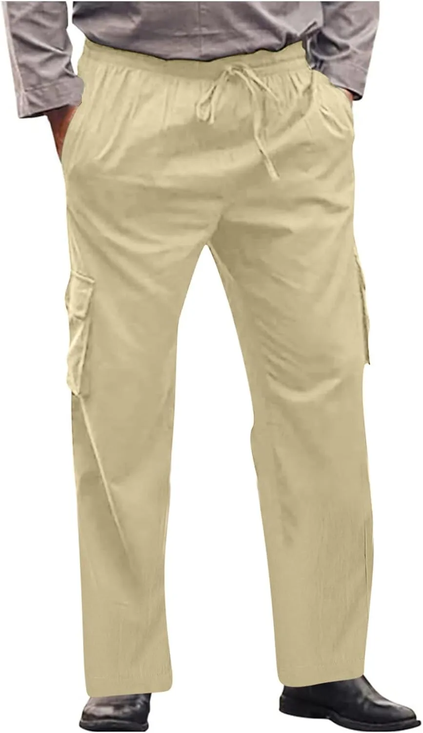 Men's Casual Pants Linen Pants Summer Beach Pants Drawstring Yoga Pants Loose Fit Elastic Waist Pants
