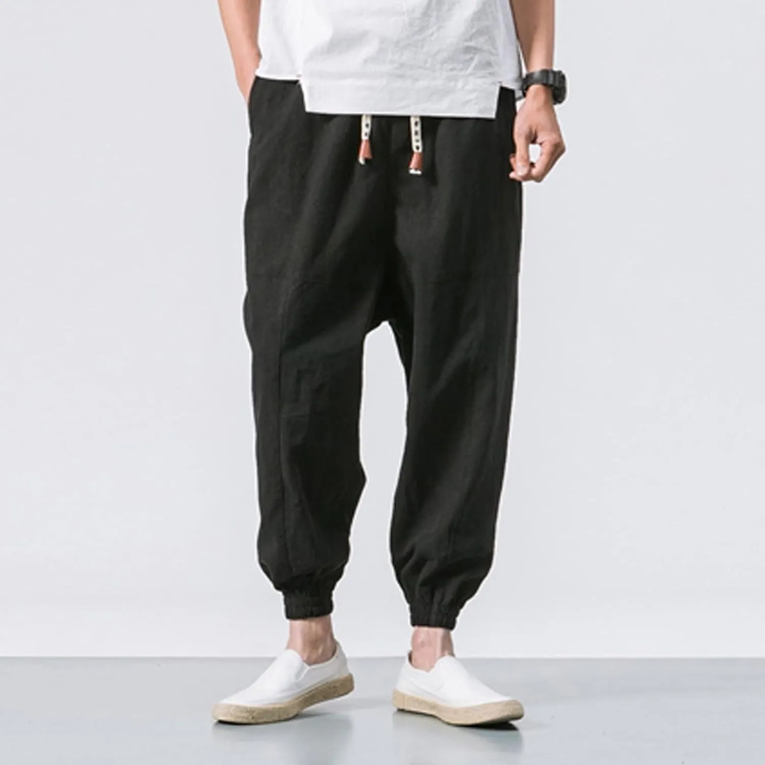 Men's Casual Pants Relaxed Fit Wide Leg Trousers Sports Pants Breathable Drawstring Waist Pants Baggy Joggers