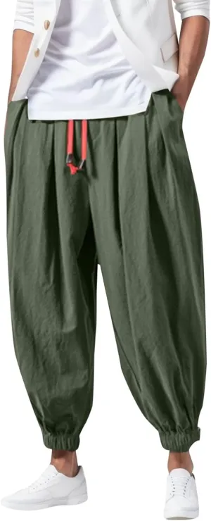 Men's Casual Pants Relaxed Fit Wide Leg Trousers Sports Pants Breathable Drawstring Waist Pants Baggy Joggers