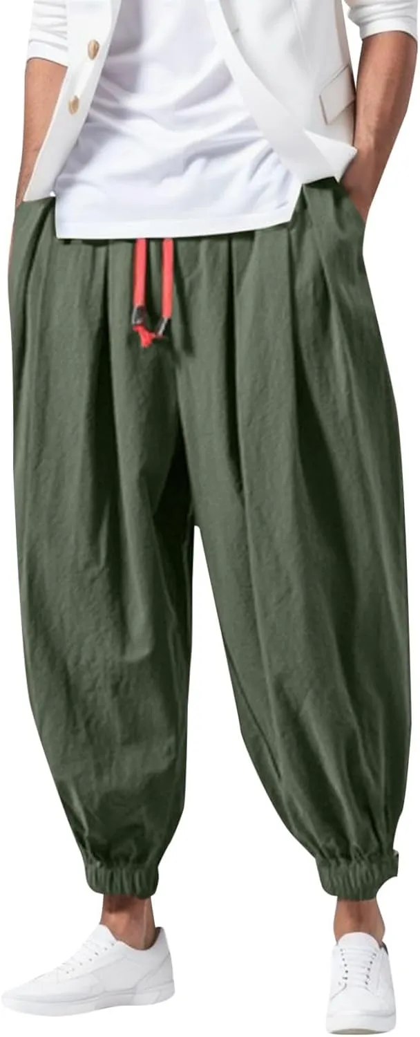 Men's Casual Pants Relaxed Fit Wide Leg Trousers Sports Pants Breathable Drawstring Waist Pants Baggy Joggers