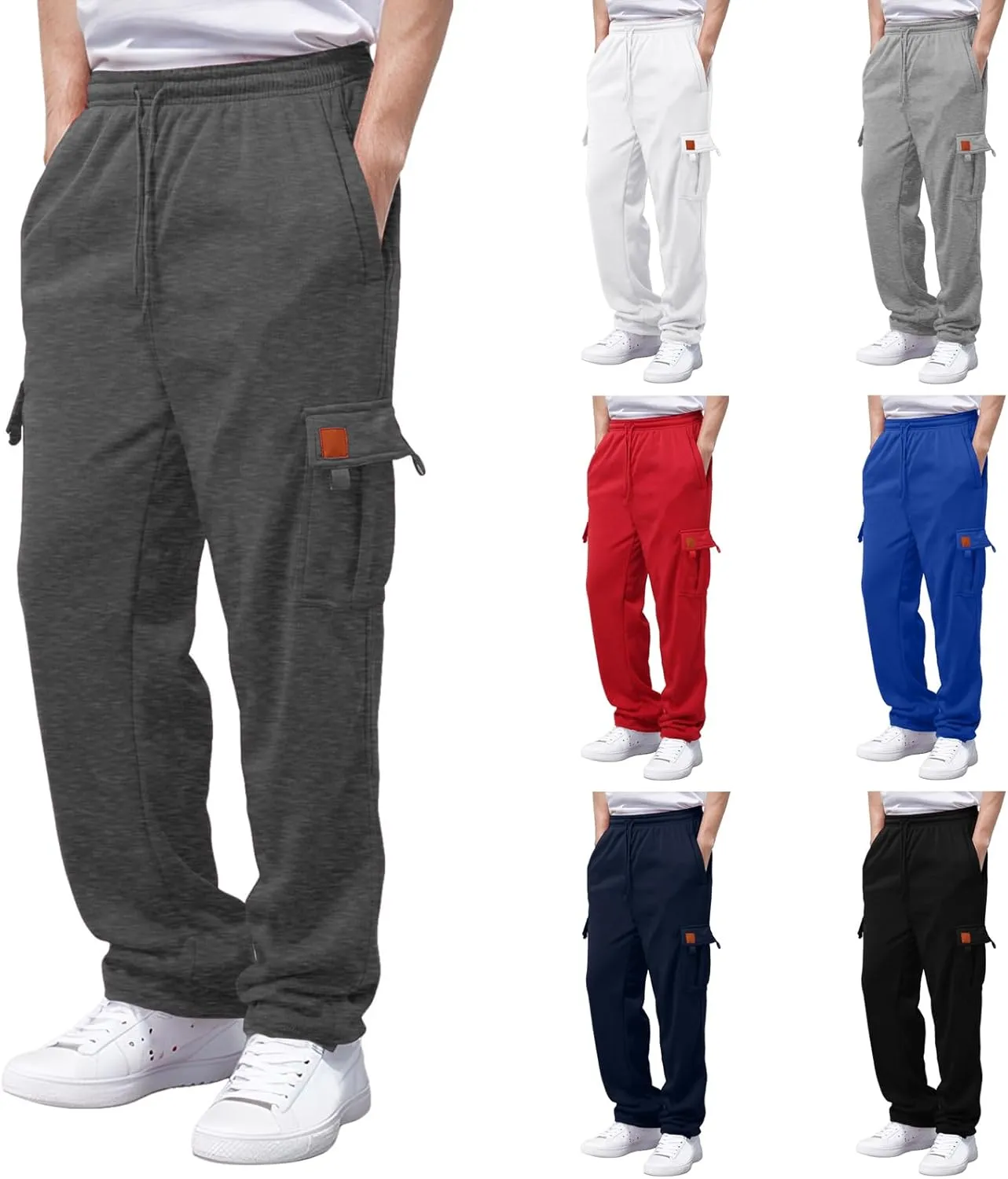 Men's Casual Sweatpants Drawstring Baggy Wide Straight Leg Relaxed Fit Overalls Multi-Pocket Trousers