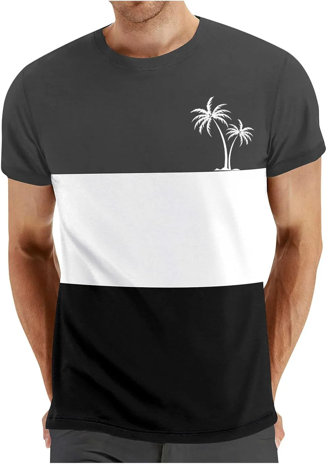 Men's Color Striped Tees Pattern Basic Simple Shirts Palm Tree Classic Printed Beach Shirts Top Short Sleeve Tees