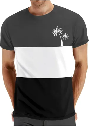 Men's Color Striped Tees Pattern Basic Simple Shirts Palm Tree Classic Printed Beach Shirts Top Short Sleeve Tees