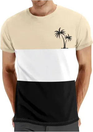 Men's Color Striped Tees Pattern Basic Simple Shirts Palm Tree Classic Printed Beach Shirts Top Short Sleeve Tees