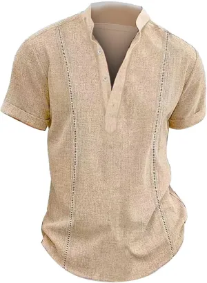 Mens Cotton Linen Henley Shirt Combat Active Loose Outdoor Travel Tops Deep V Neck Stand-Up Collar Short Sleeve Casual Shirts