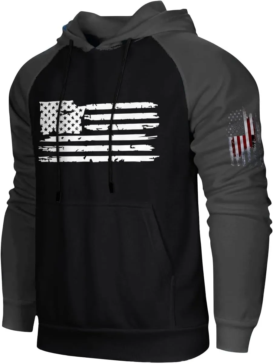 Mens Fashion Hoodies For Flag Print Drawstring Causal With Pockets Long Sleeve Hooded Sweatshirts