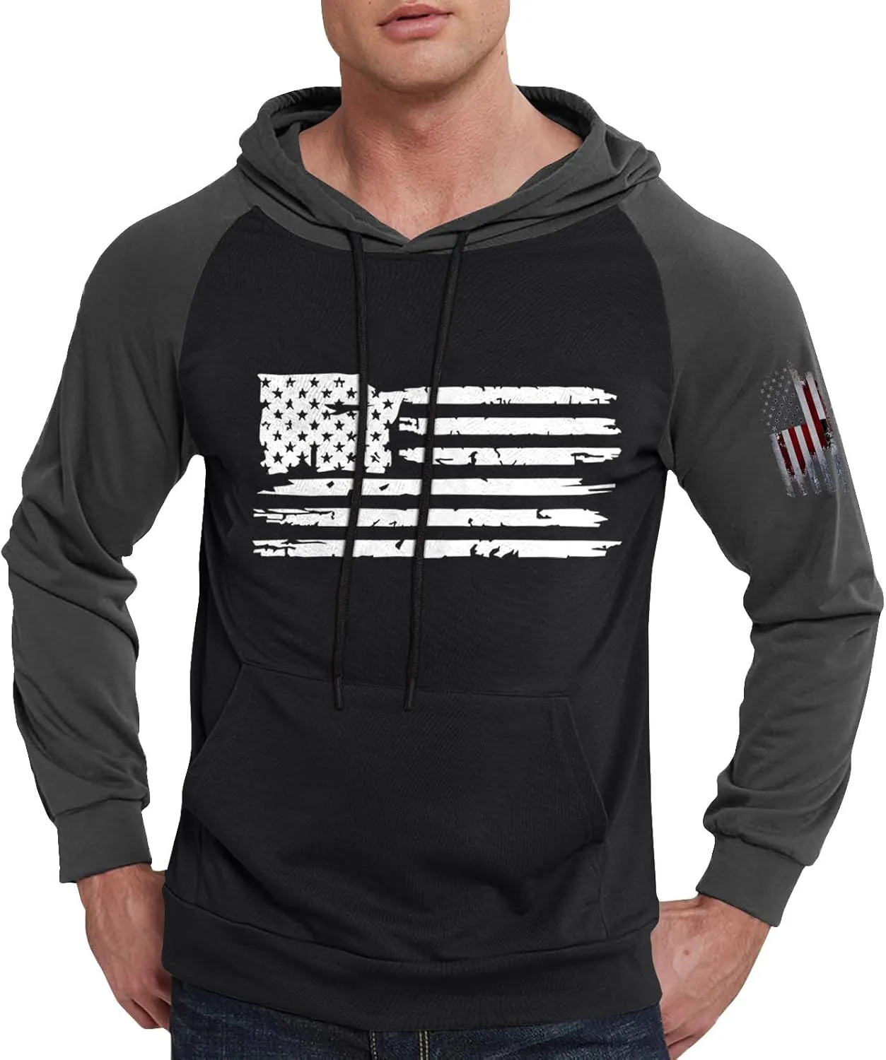Mens Fashion Hoodies For Flag Print Drawstring Causal With Pockets Long Sleeve Hooded Sweatshirts