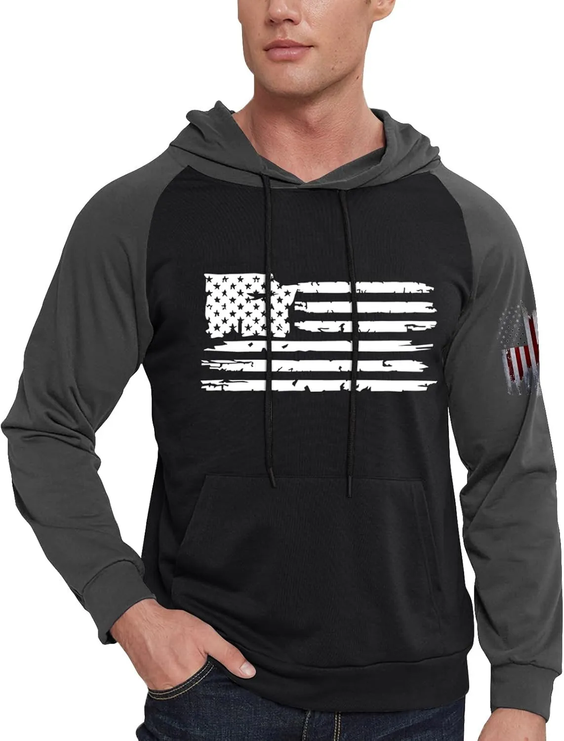Mens Fashion Hoodies For Flag Print Drawstring Causal With Pockets Long Sleeve Hooded Sweatshirts
