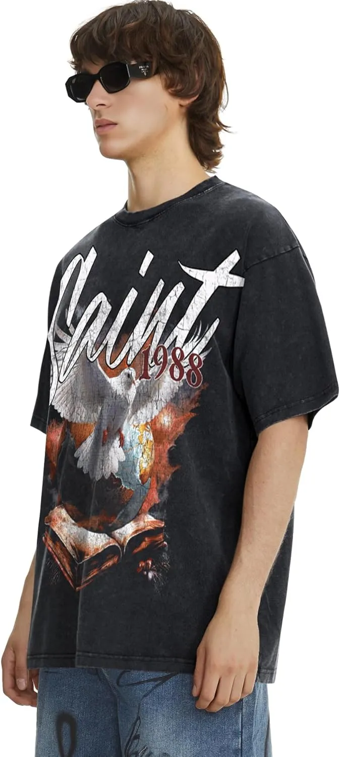 Men's Hip Hop Graphic Print Cotton T-Shirt Fashion Special Design Crewneck Rapper Short Sleeve Tops