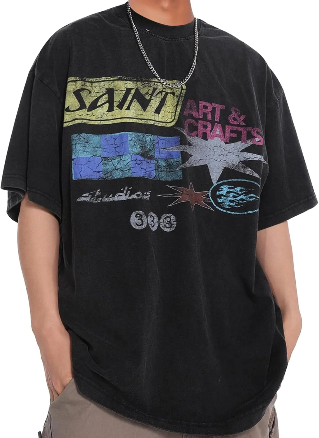 Men's Hip Hop Graphic Print Cotton T-Shirt Fashion Special Design Crewneck Rapper Short Sleeve Tops