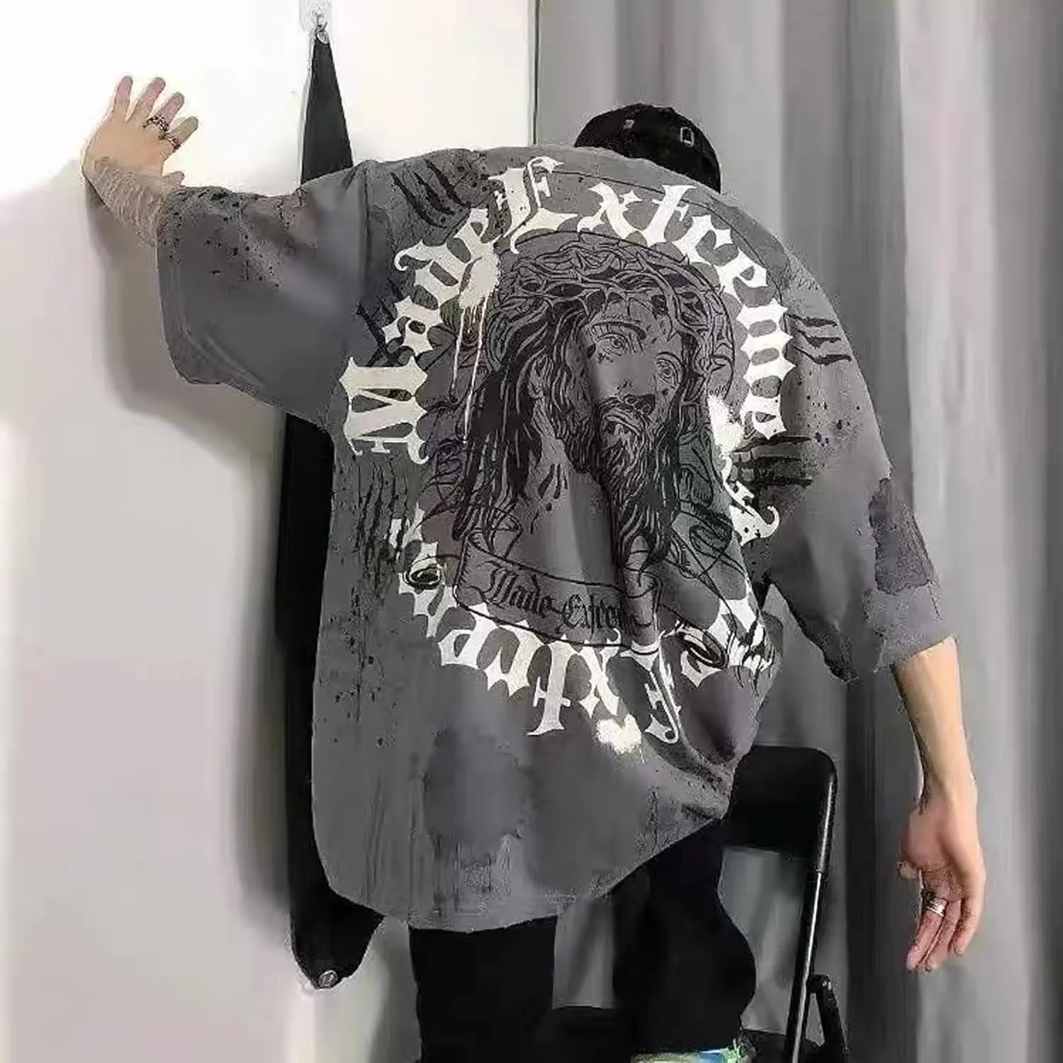 Men's Hip Hop Graphic Print Cotton T-Shirt Fashion Special Design Crewneck Rapper Short Sleeve Tops