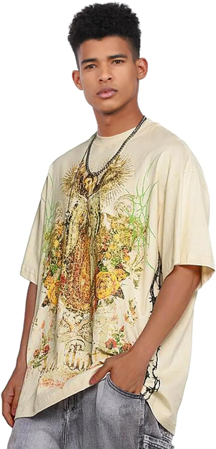 Men's Hip Hop Graphic Print Cotton T-Shirt Fashion Special Design Crewneck Rapper Short Sleeve Tops