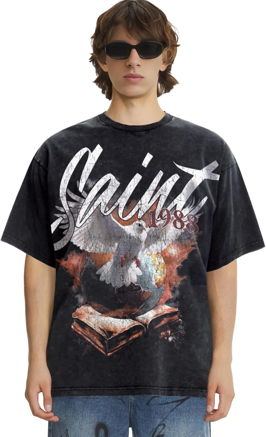 Men's Hip Hop Graphic Print Cotton T-Shirt Fashion Special Design Crewneck Rapper Short Sleeve Tops