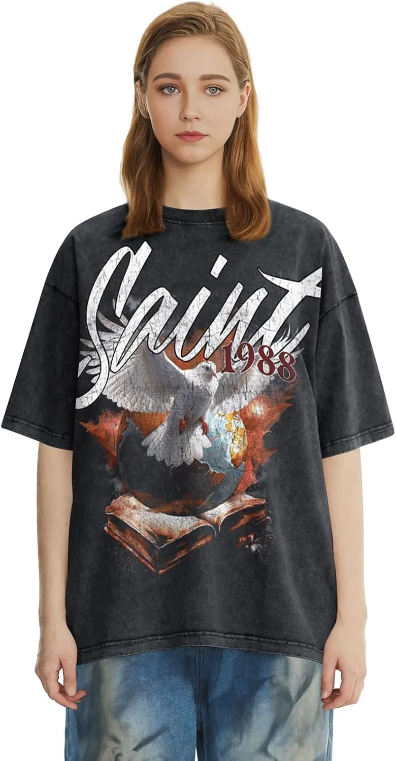 Men's Hip Hop Graphic Print Cotton T-Shirt Fashion Special Design Crewneck Rapper Short Sleeve Tops
