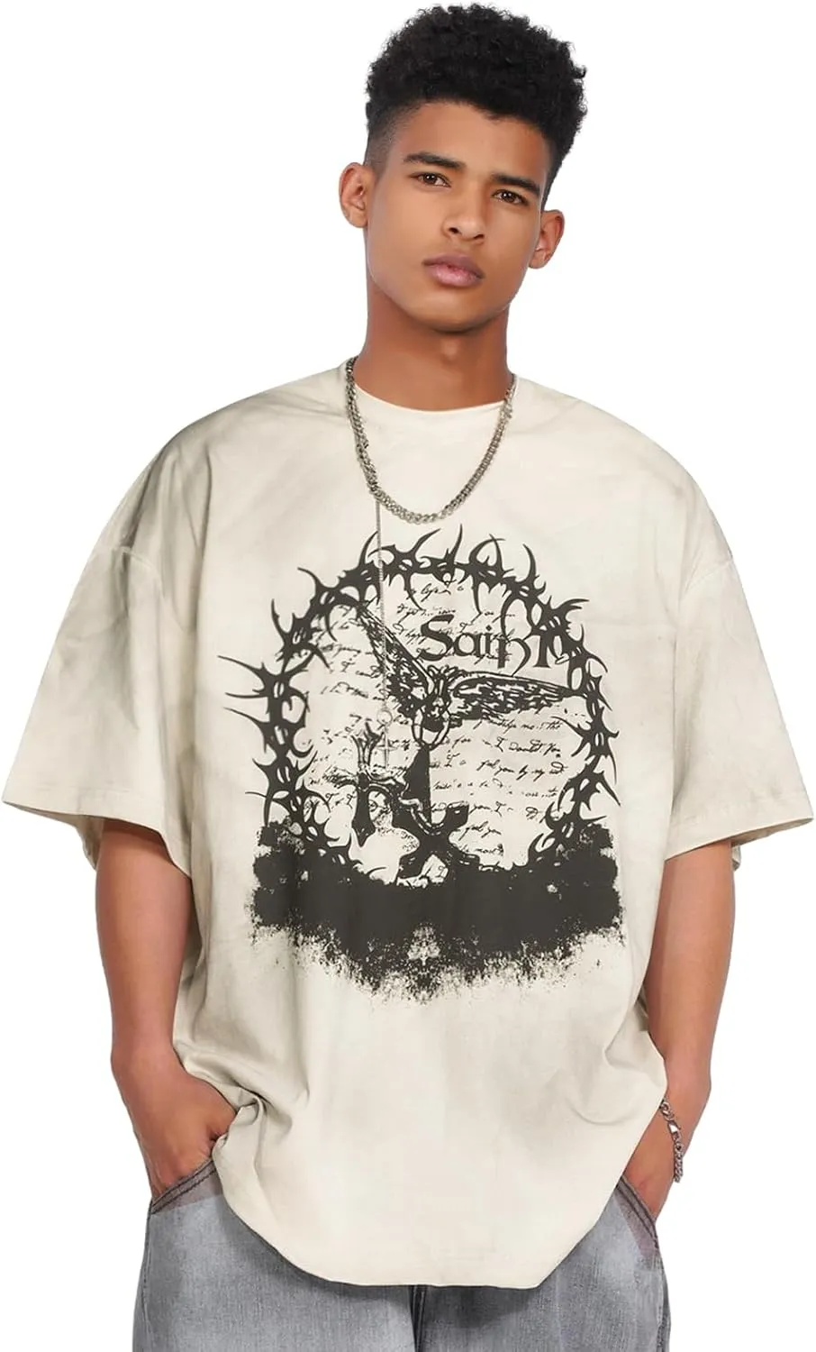 Men's Hip Hop Graphic Print Cotton T-Shirt Fashion Special Design Crewneck Rapper Short Sleeve Tops