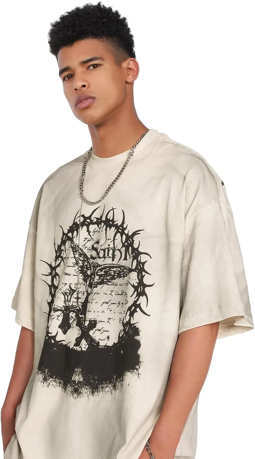 Men's Hip Hop Graphic Print Cotton T-Shirt Fashion Special Design Crewneck Rapper Short Sleeve Tops