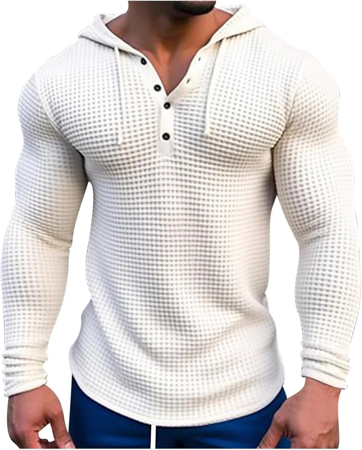 Mens Hoodies Casual Long Sleeve Drawstring Waffle Knit Hooded Sweatshirt Muscle Fit T Shirts Gym Workout Pullover Tops
