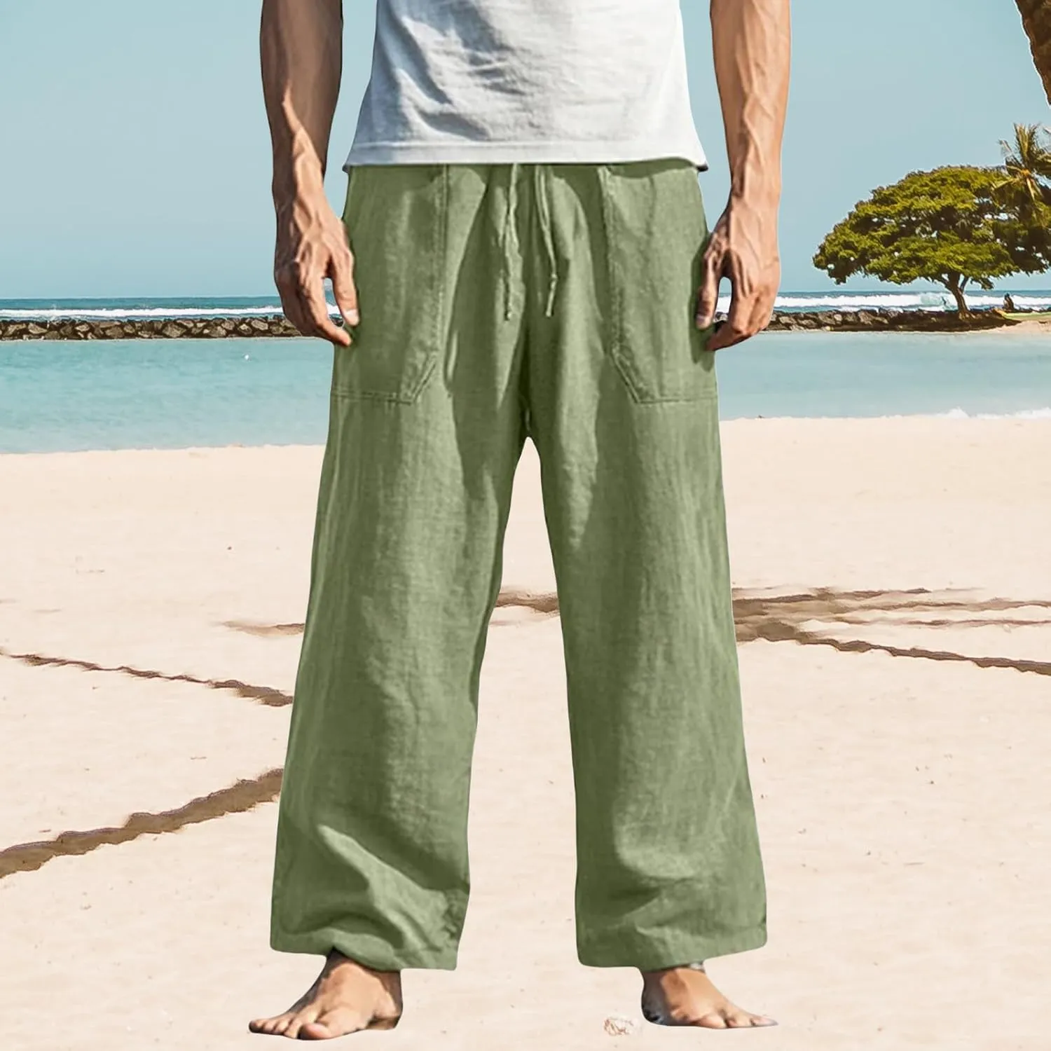 Men's Pants Casual Relaxed Fit Drawstring Waist Front Pocket Straight Pants Lightweight Solid Color Beach Trousers