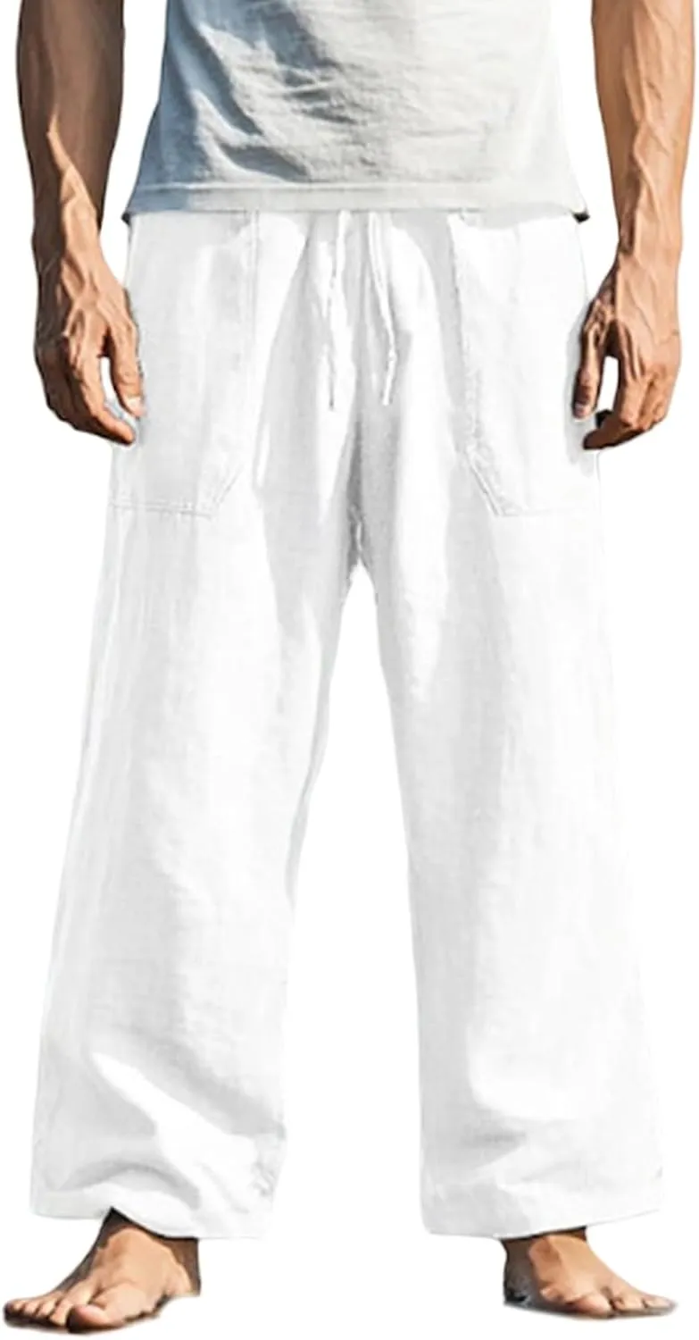 Men's Pants Casual Relaxed Fit Drawstring Waist Front Pocket Straight Pants Lightweight Solid Color Beach Trousers
