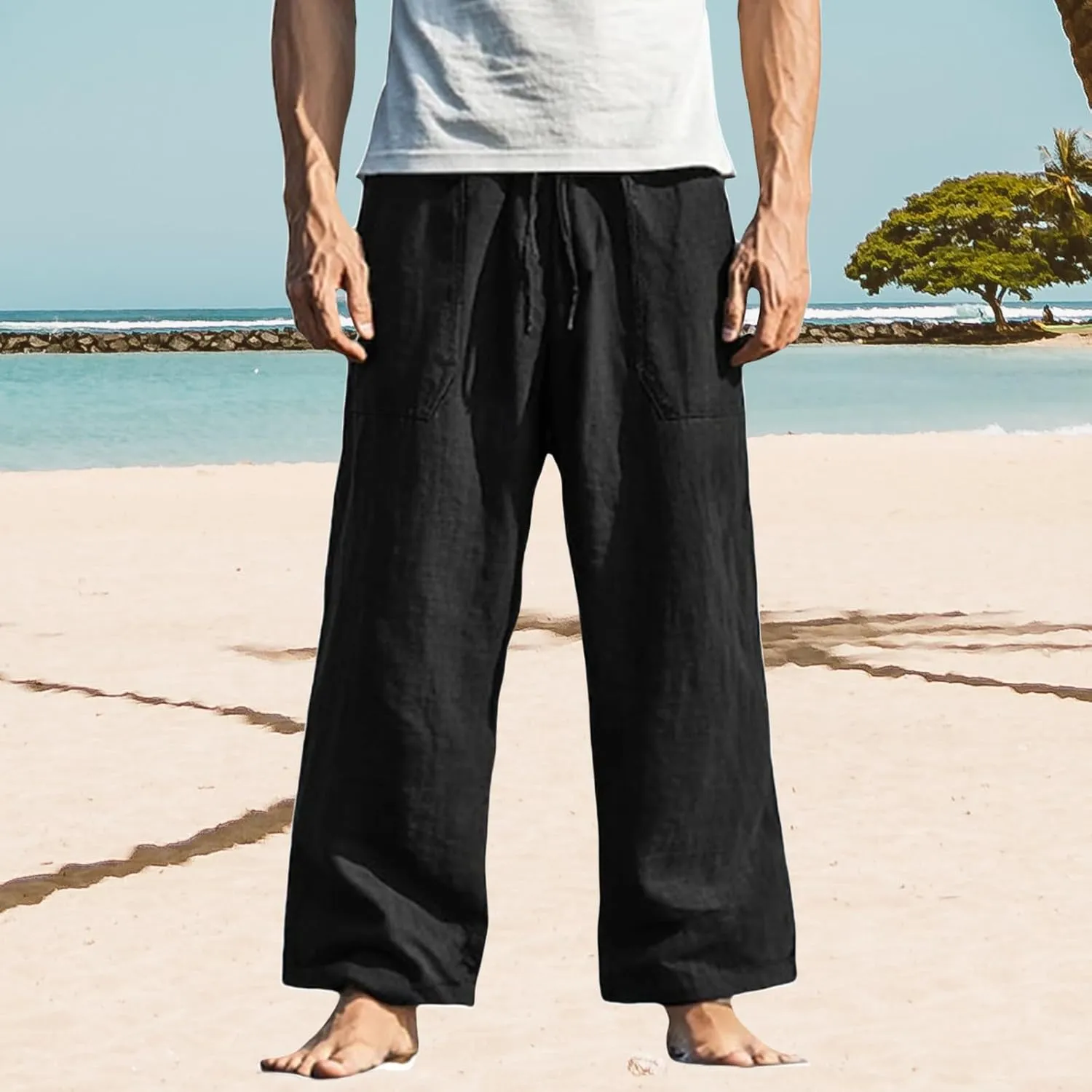 Men's Pants Casual Relaxed Fit Drawstring Waist Front Pocket Straight Pants Lightweight Solid Color Beach Trousers