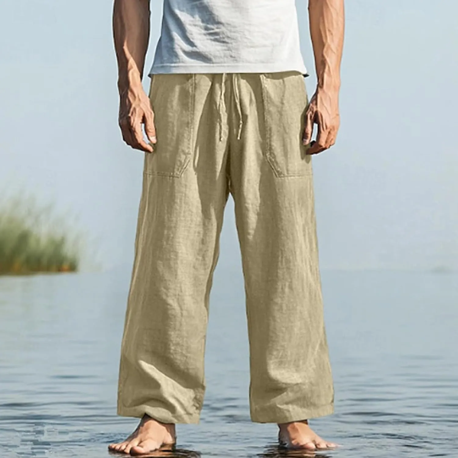 Men's Pants Casual Relaxed Fit Drawstring Waist Front Pocket Straight Pants Lightweight Solid Color Beach Trousers