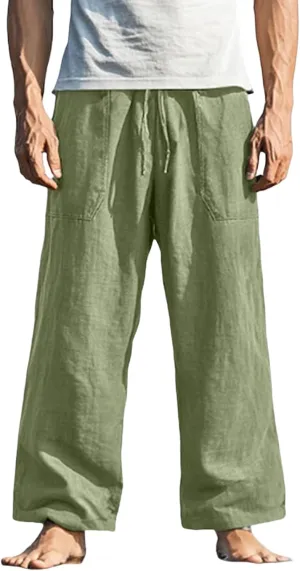 Men's Pants Casual Relaxed Fit Drawstring Waist Front Pocket Straight Pants Lightweight Solid Color Beach Trousers