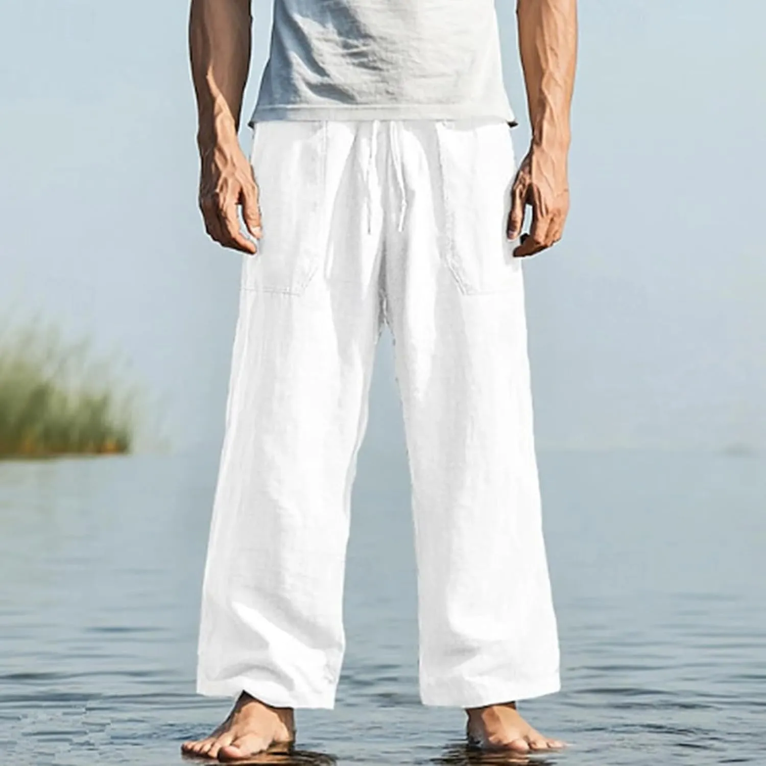 Men's Pants Casual Relaxed Fit Drawstring Waist Front Pocket Straight Pants Lightweight Solid Color Beach Trousers