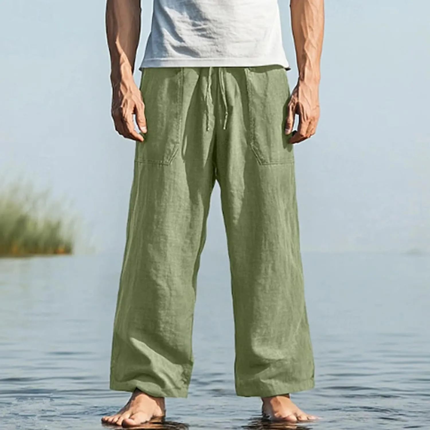 Men's Pants Casual Relaxed Fit Drawstring Waist Front Pocket Straight Pants Lightweight Solid Color Beach Trousers