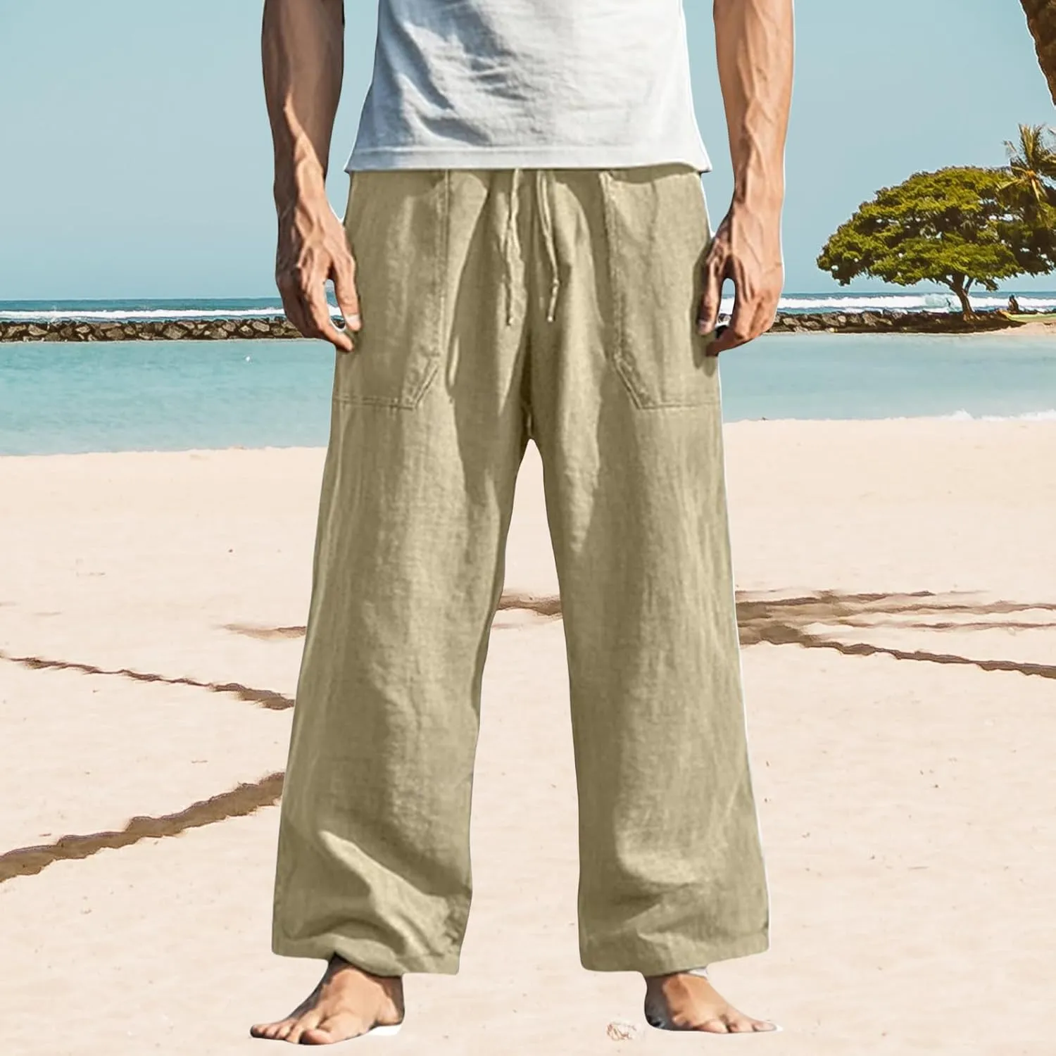 Men's Pants Casual Relaxed Fit Drawstring Waist Front Pocket Straight Pants Lightweight Solid Color Beach Trousers
