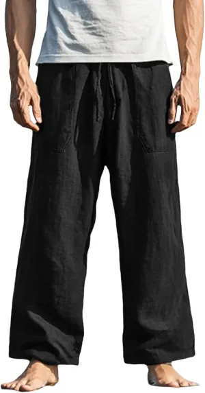 Men's Pants Casual Relaxed Fit Drawstring Waist Front Pocket Straight Pants Lightweight Solid Color Beach Trousers
