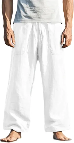 Men's Pants Casual Relaxed Fit Drawstring Waist Front Pocket Straight Pants Lightweight Solid Color Beach Trousers