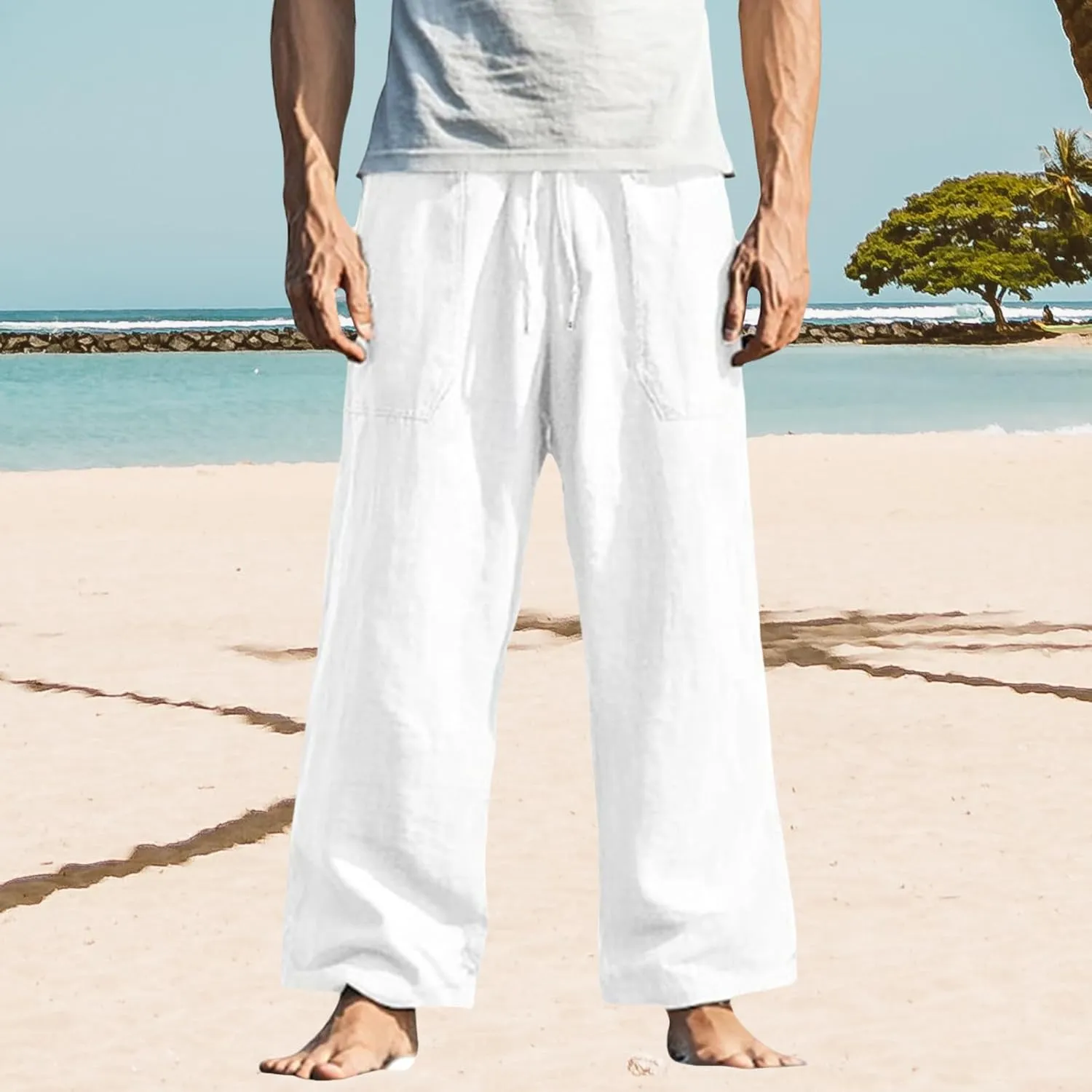 Men's Pants Casual Relaxed Fit Drawstring Waist Front Pocket Straight Pants Lightweight Solid Color Beach Trousers