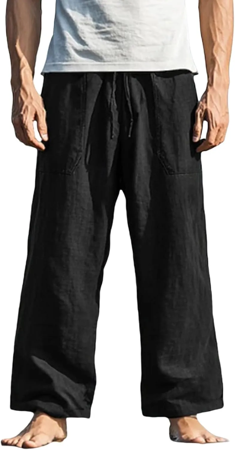 Men's Pants Casual Relaxed Fit Drawstring Waist Front Pocket Straight Pants Lightweight Solid Color Beach Trousers