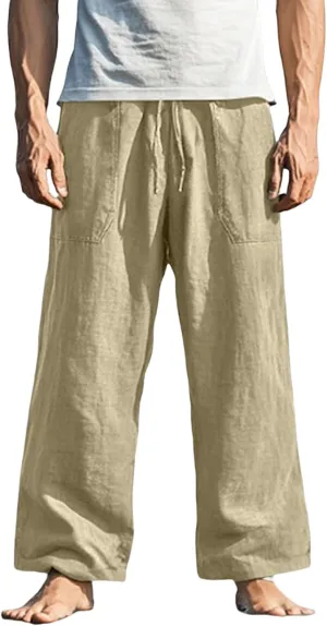 Men's Pants Casual Relaxed Fit Drawstring Waist Front Pocket Straight Pants Lightweight Solid Color Beach Trousers